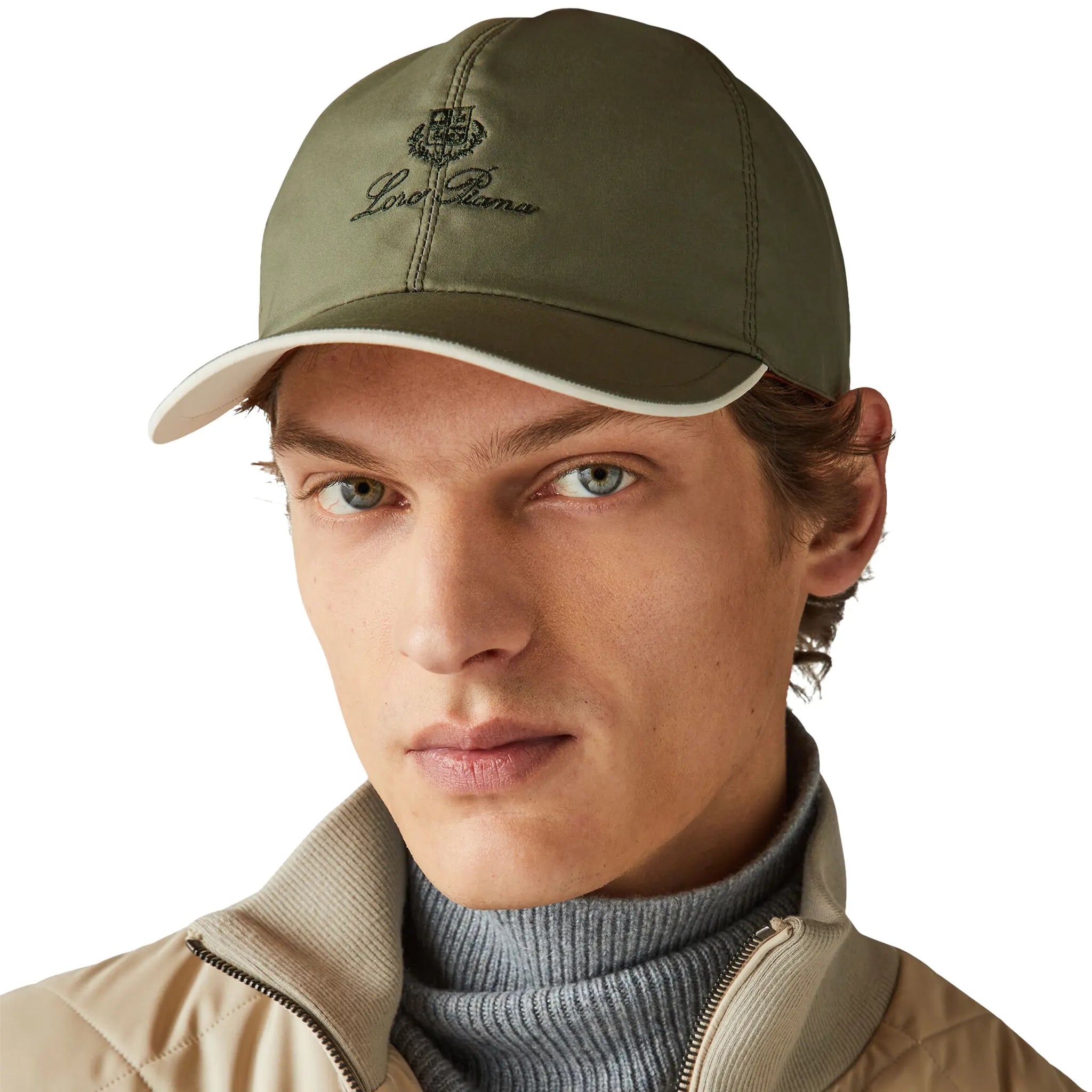 Model front view of Loro Piana Microfibre Storm System Midnight Garden Ivory Baseball Cap FAB1977_B3NL